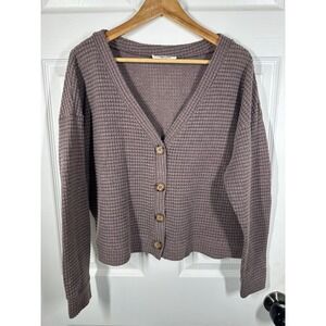 Double Zero Cardigan Women Large Brown Waffle Knit V-Neck Button Front Casual